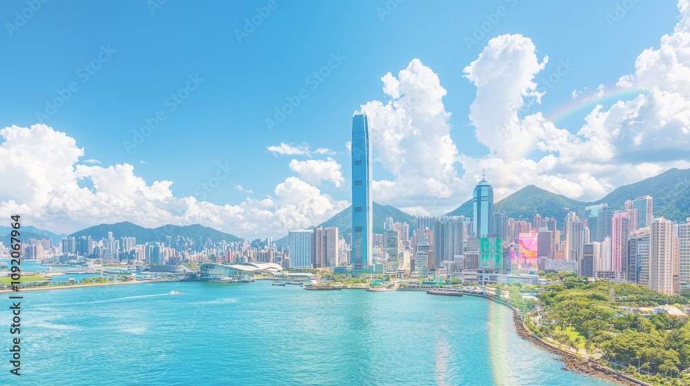 Naklejka premium A vibrant cityscape featuring skyscrapers and mountains under a bright sky.