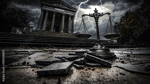 Stormy Justice Broken Scales at Historic Courthouse Dramatic Weather Legal Symbolism Dark Atmosphere Ground-Level Perspective