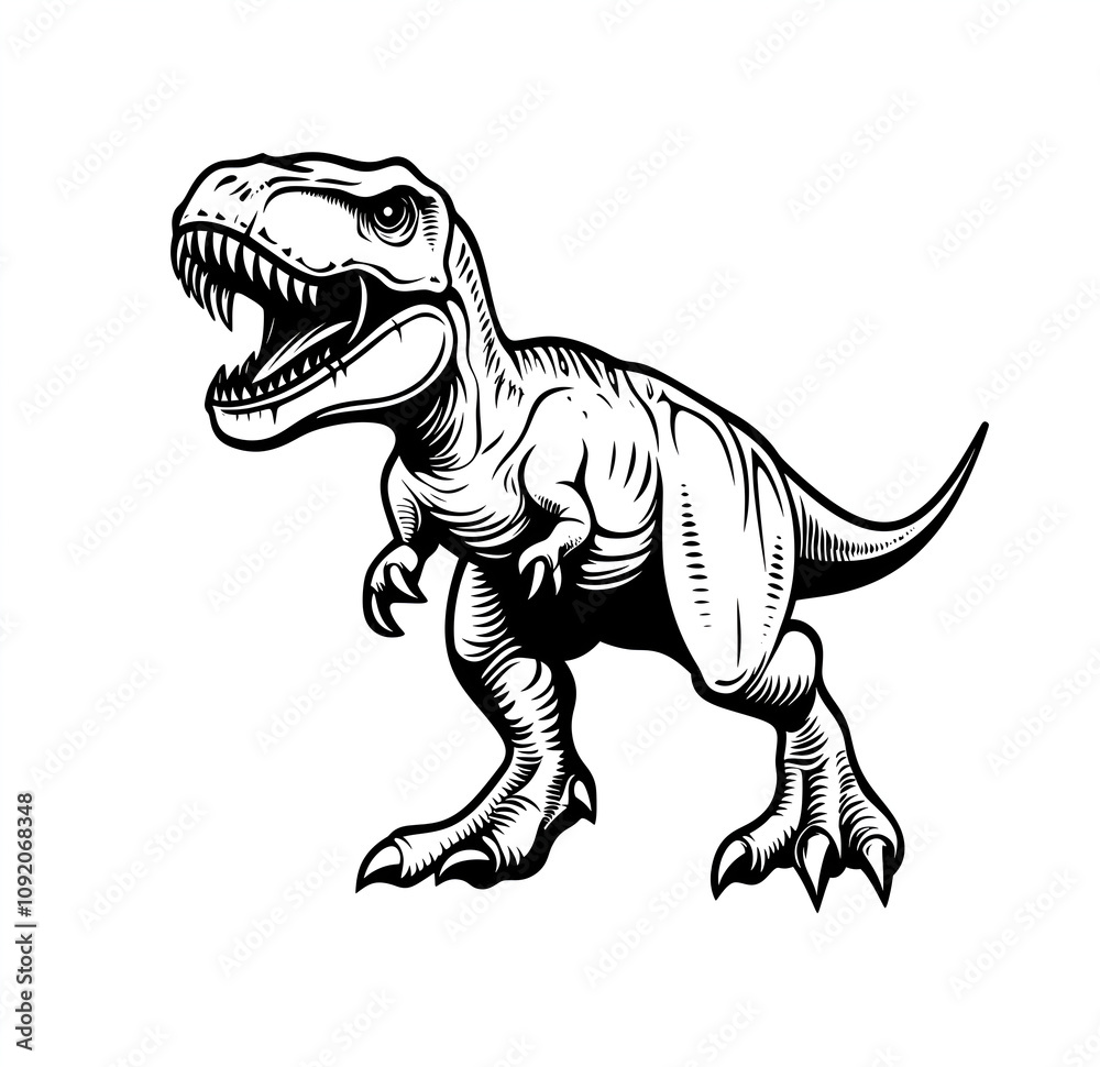 Naklejka premium T-Rex, with a white background, black and white line art, in a flat design