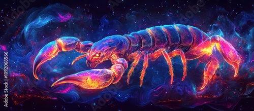 A vibrant, cosmic scorpion with glowing red, blue, and yellow colors on its exoskeleton, set against a starry night sky with swirling, cosmic dust. photo