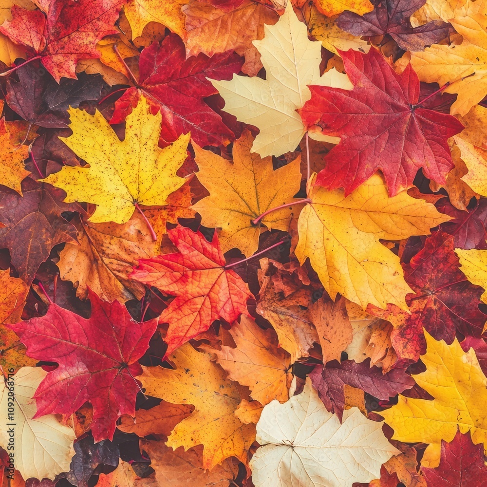 Fototapeta premium A vibrant collection of autumn leaves in various colors on the ground.