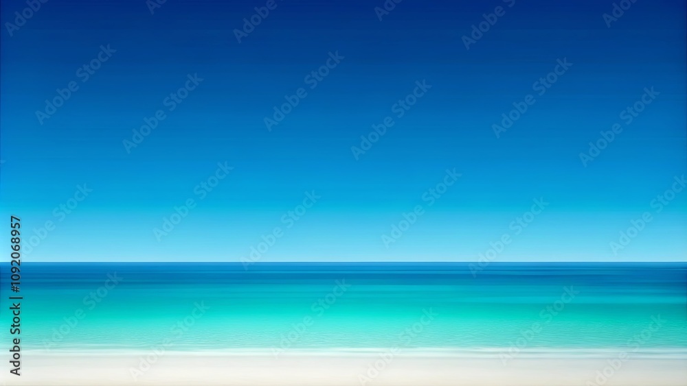 Fototapeta premium A serene coastal landscape featuring a tranquil blue sky, a clear azure ocean, and a soft white sandy shore, creating an idyllic vista for relaxation and tranquility.