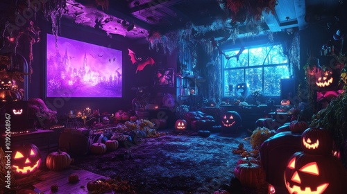 A living room decorated for Halloween with pumpkins, bats, and a spooky movie playing on the TV.