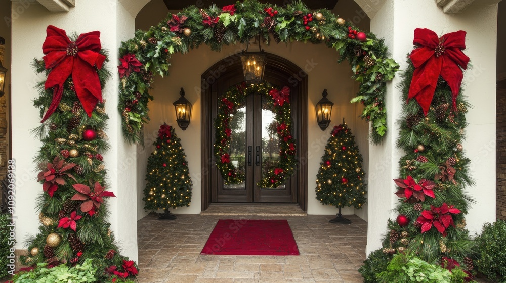 Fototapeta premium Red and green holiday decor creates a perfect festive border around an open white canvas.