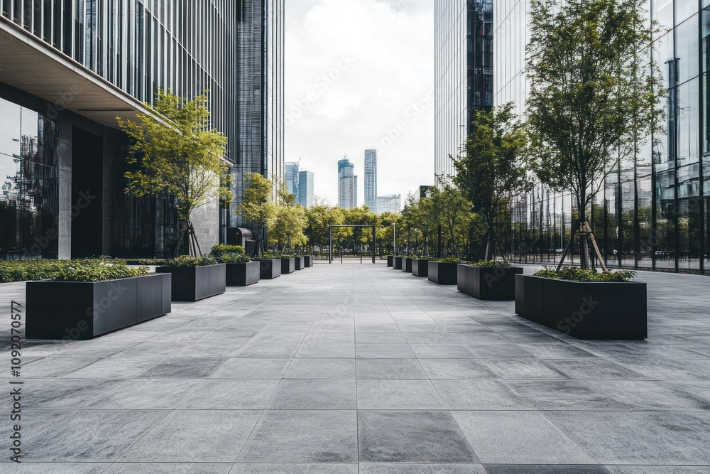 Modern urban landscape with greenery and sleek buildings. Modern urban landscape with greenery and sleek buildings.