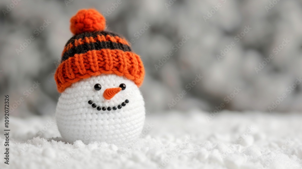 Obraz premium Crochet snowman with a festive hat on snow.