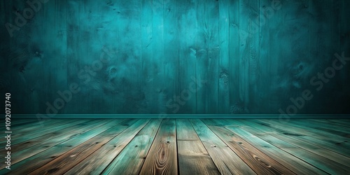 Wood background with dark teal and aquamarine wooden floors, featuring surrealistic elements photo