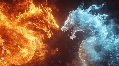 Fiery Clash of Mythical Ice and Fire Dragons in Dramatic Fantasy Battle