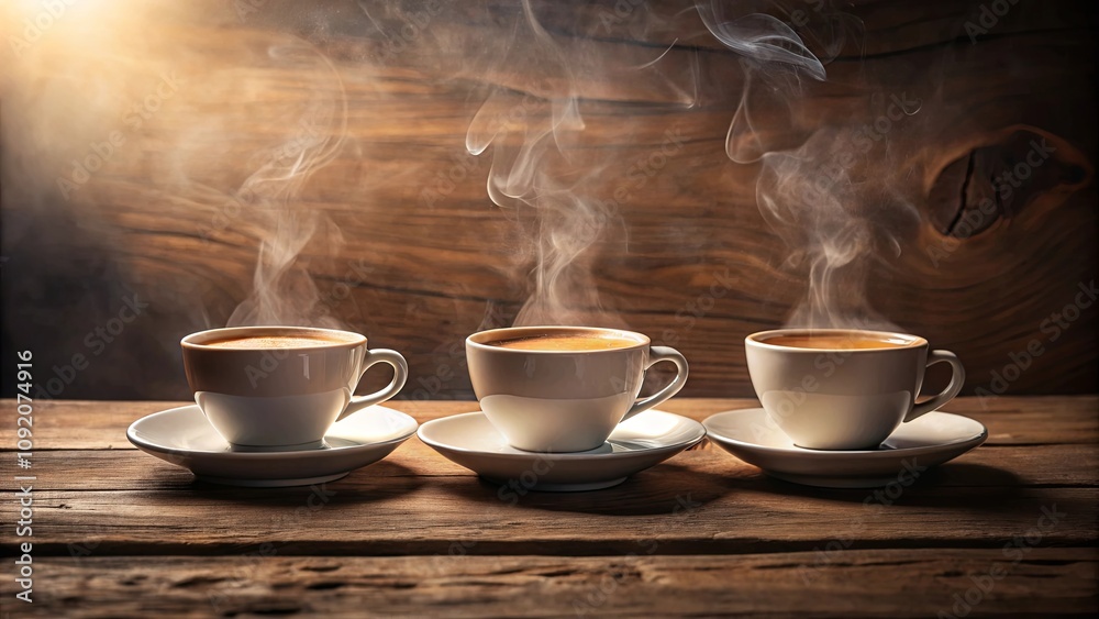 Aromatic Steam Rising from Three Cups of Coffee on a Rustic Wooden Table Aromatic Steam Rising from Three Cups of Coffee on a Rustic Wooden Table