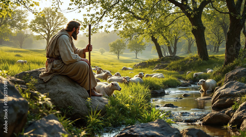 Shepherd tending sheep