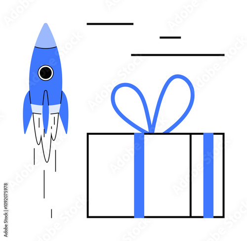 Blue rocket launching upward near a wrapped gift box. Minimalistic lines in background. Ideal for shipping, e-commerce, gift-giving, celebrations, innovation, surprises fast service. Line metaphor