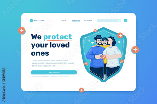Family life insurance illustration on landing page template