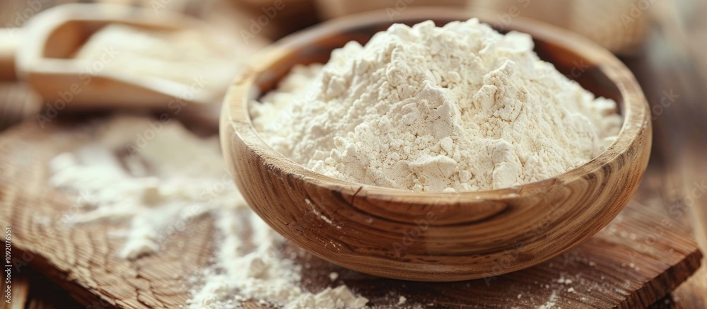 Fototapeta premium Close-up of Flour in Wooden Bowl