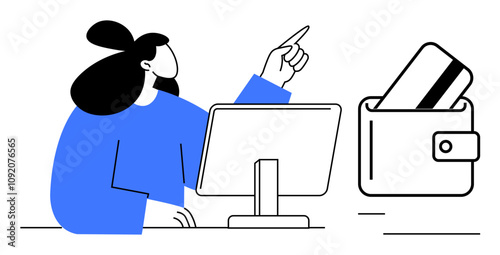 Person in blue shirt sitting at a desk pointing towards a wallet holding a credit card. Ideal for online banking, e-commerce, personal finance, budget planning, financial advice, digital