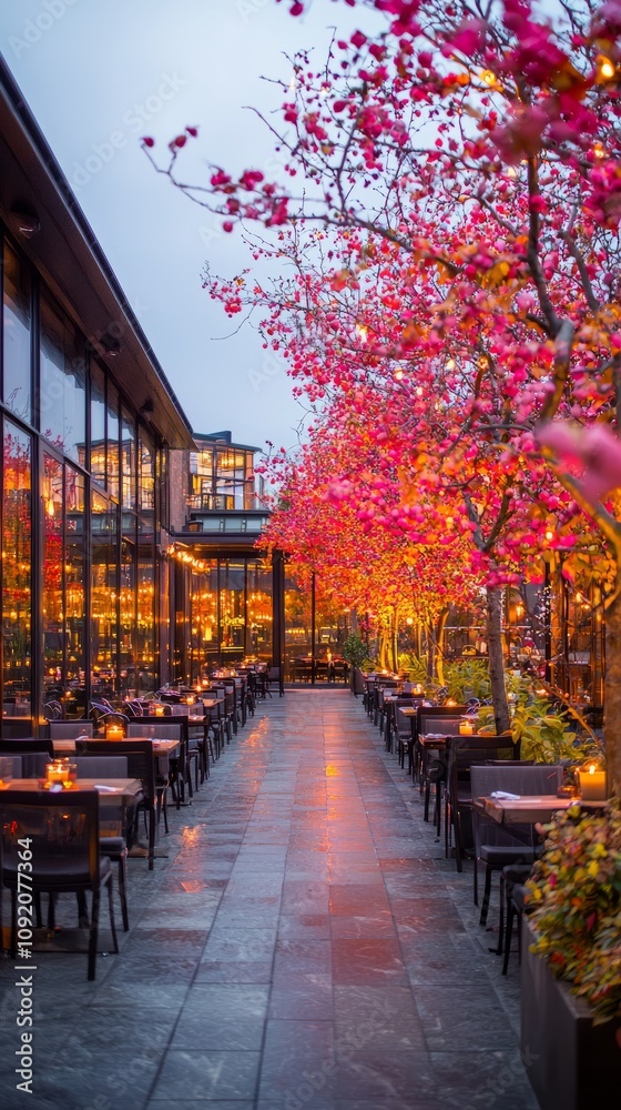 Fototapeta premium A vibrant outdoor dining area adorned with blooming pink trees.