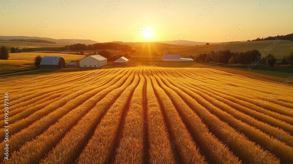 Obraz premium Golden Wheat Fields Under the Warm Glow of Sunset with Barns and Silhouetted Hills in the Background Creating a Picturesque Rural Landscape