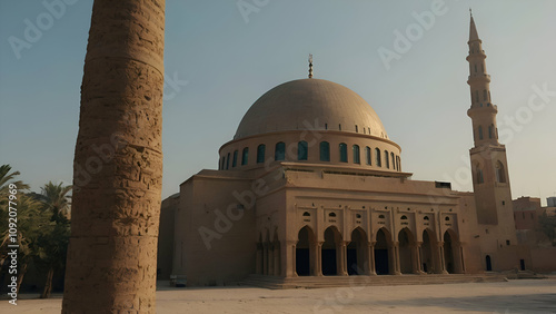 Mosque Church In Egypt View of the Catholic Church of Saint Francois de la Salleh with a mosque minaret in background in the city of Ismailia Egypt, photo