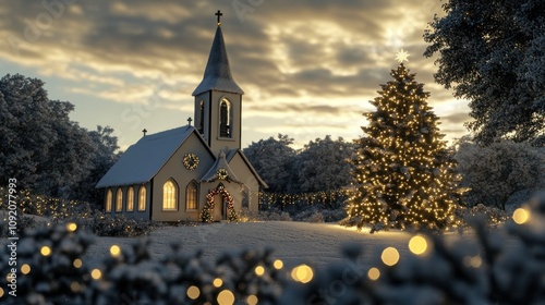 A small church with a tall steeple stands on a snowy hill, bathed in the warm glow of Christmas lights. A large Christmas tree decorated with lights stands to the right of the church.  