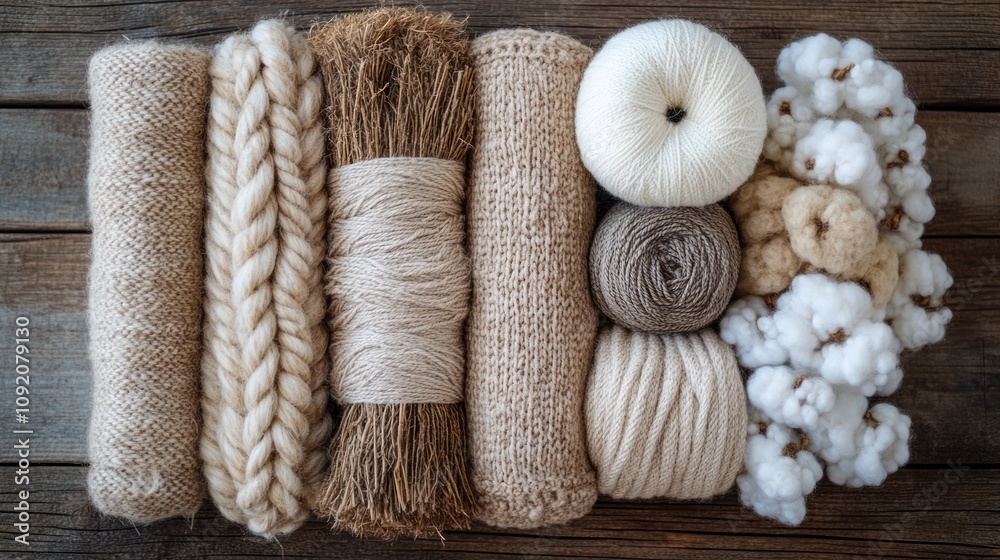 Fototapeta premium A flat lay of various natural fibers and yarn skeins arranged on a rustic wooden surface.