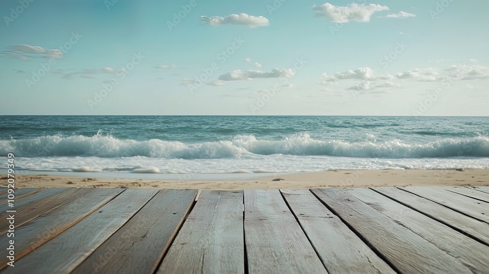 Fototapeta premium Empty natural summer beach view with ocean waves and wooden deck in the foreground, summer vacations background