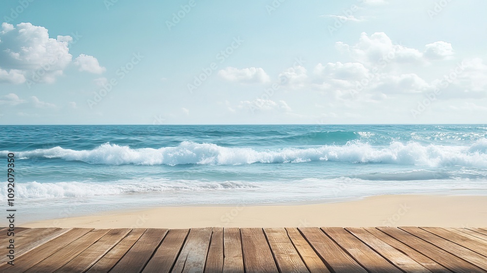 Fototapeta premium Empty natural summer beach view with ocean waves and wooden deck in the foreground, summer vacations background 
