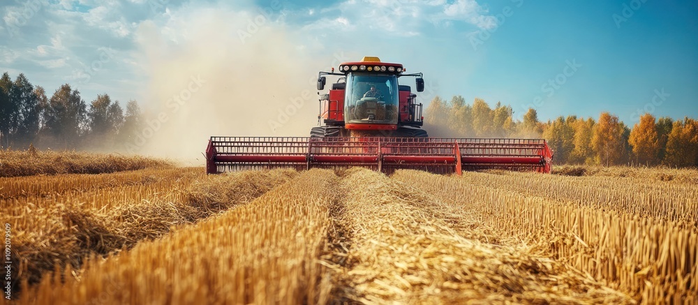 Fototapeta premium Red combine harvester cuts wheat in a field.