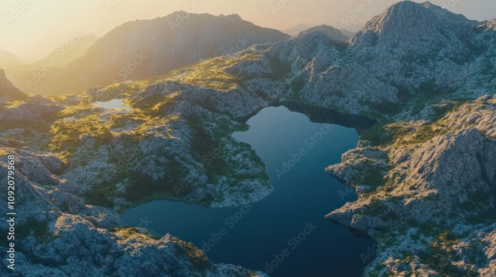Obraz premium Aerial view of a mountain range with two lakes at sunset.