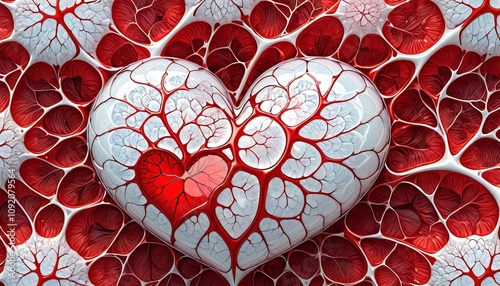 White heart love with red veins crystal liquid fractal surface