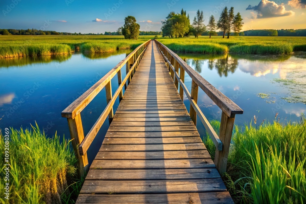 Fototapeta premium Wooden bridge on a meadow disappearing into the distance with reflection