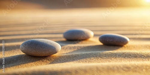 Three smooth stones arranged in a row on soft sand, bathed in the warm glow of a golden sunset, creating a serene and minimalist landscape. photo