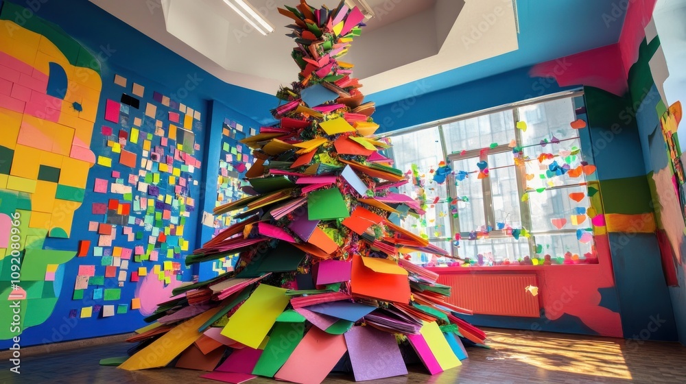 Fototapeta premium A colorful Christmas tree made of paper is standing in a room with blue walls, next to a wall covered in sticky notes.