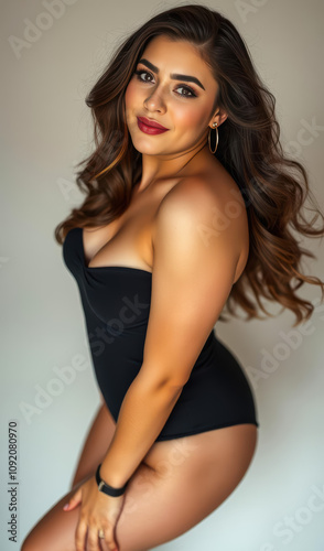 Stylish and confident young woman with a radiant smile, showcasing sensuality, intimacy, and beauty while creating exclusive content for vibrant online connections.