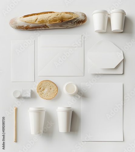 Bakery branding kit mockup with letterhead, logo, coffe cup and baguette bread photo