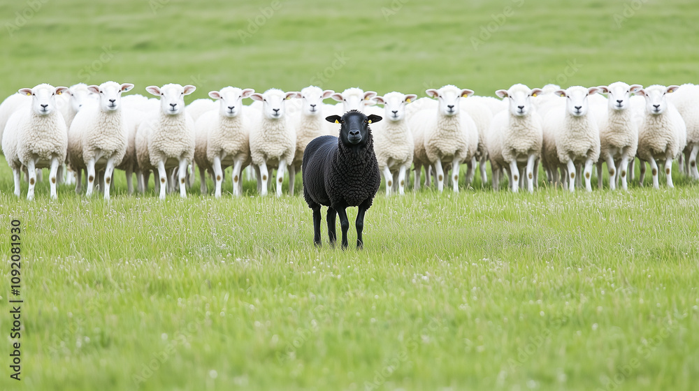 Obraz premium Black Sheep Among White Sheep in a Green Field 