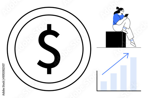 Woman sitting on a block using a phone, large dollar symbol, ascending bar chart with arrow. Ideal for finance, business growth, investments, financial analysis, economic trends, stock market money