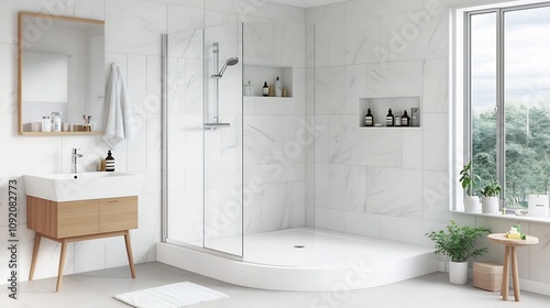Neutral Toned Minimalist Bathroom with Walk In Shower and Simple Decor