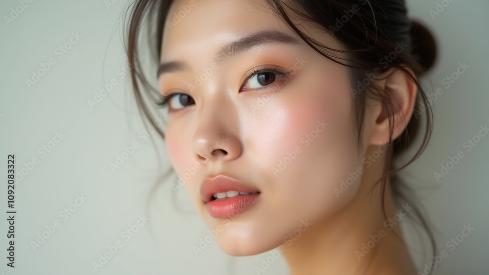 Beautiful Asian woman with natural makeup and glowing skin. Concept of beauty, skincare, and cosmetics. Beautiful Asian woman with natural makeup and glowing skin. Concept of beauty, skincare, and cosmetics.