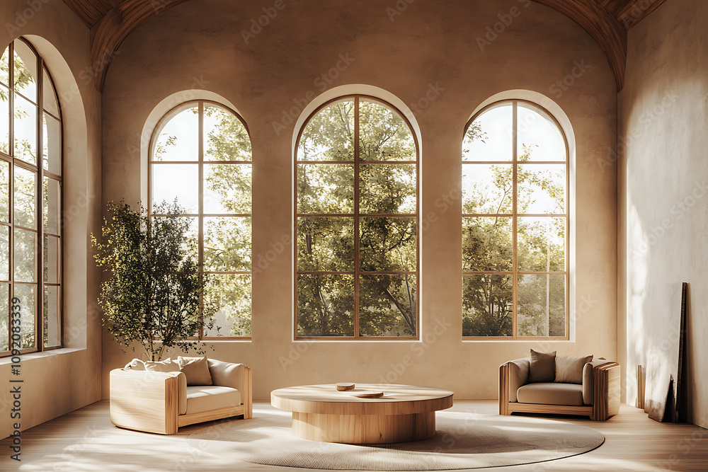 Serene Minimalist Interior Design: Sunlight-Filled Room with Modern Wooden Furniture Serene Minimalist Interior Design: Sunlight-Filled Room with Modern Wooden Furniture