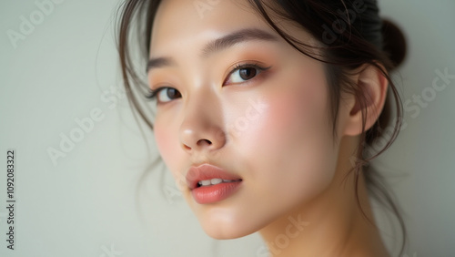 Beautiful Asian woman with natural makeup and glowing skin. Concept of beauty, skincare, and cosmetics.