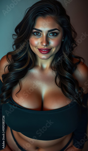 Radiant and confident female content creator with a toned body, exuding sensuality, charm, and beauty while creating exclusive online content for modern online entertainment.