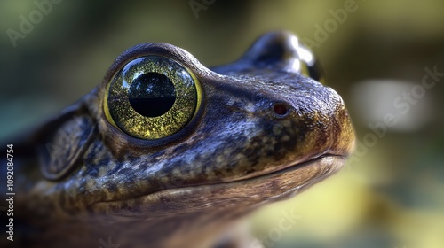 Head of a toad with huge eyes close up on a blurred background photo