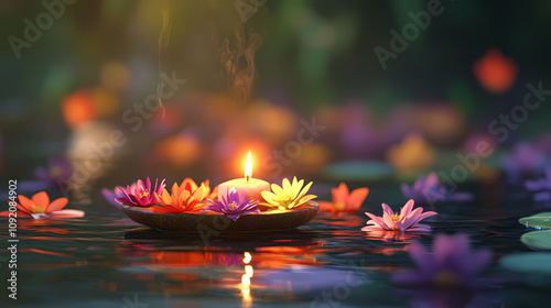 A close-up of a krathong floating downstream, with vibrant flowers and a steady candle flame lighting the scene. Floating Candle Light. Illustration