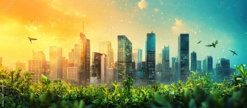 Naklejka premium Cityscape with green grass and a dramatic sky with birds flying.