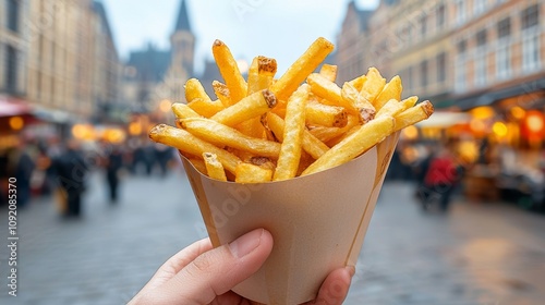 Hand holding classic Belgian fries, street vendors and historic buildings blurred behind, warm lighting capturing crispy texture of fries photo