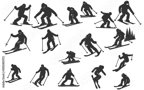 winter sports activities' black silhouette is isolated from background