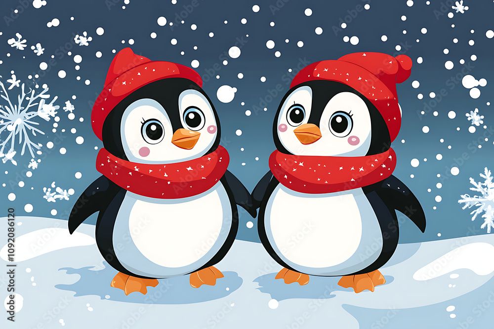 Fototapeta premium Two cute penguins wearing red hats and scarves stand together in a snowy winter scene.