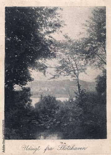 View from the garden of Koldinghus Castle, Kolding, Denmark. Vintage antique postcard circa 1912 photo