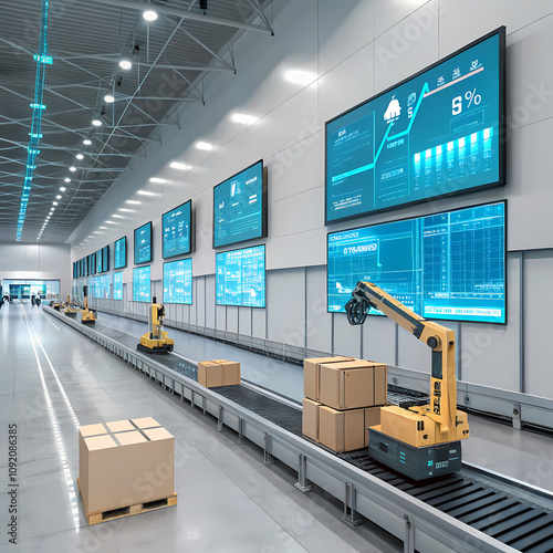 This image showcases a modern, automated warehouse or factory, highlighting the use of robotics and digital technology in logistics and manufacturing.