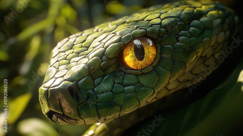  Green snake reptile luminous in soft lighting. photo