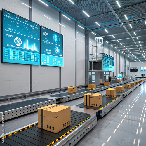 This image showcases a modern, automated warehouse or factory, highlighting the use of robotics and digital technology in logistics and manufacturing.
